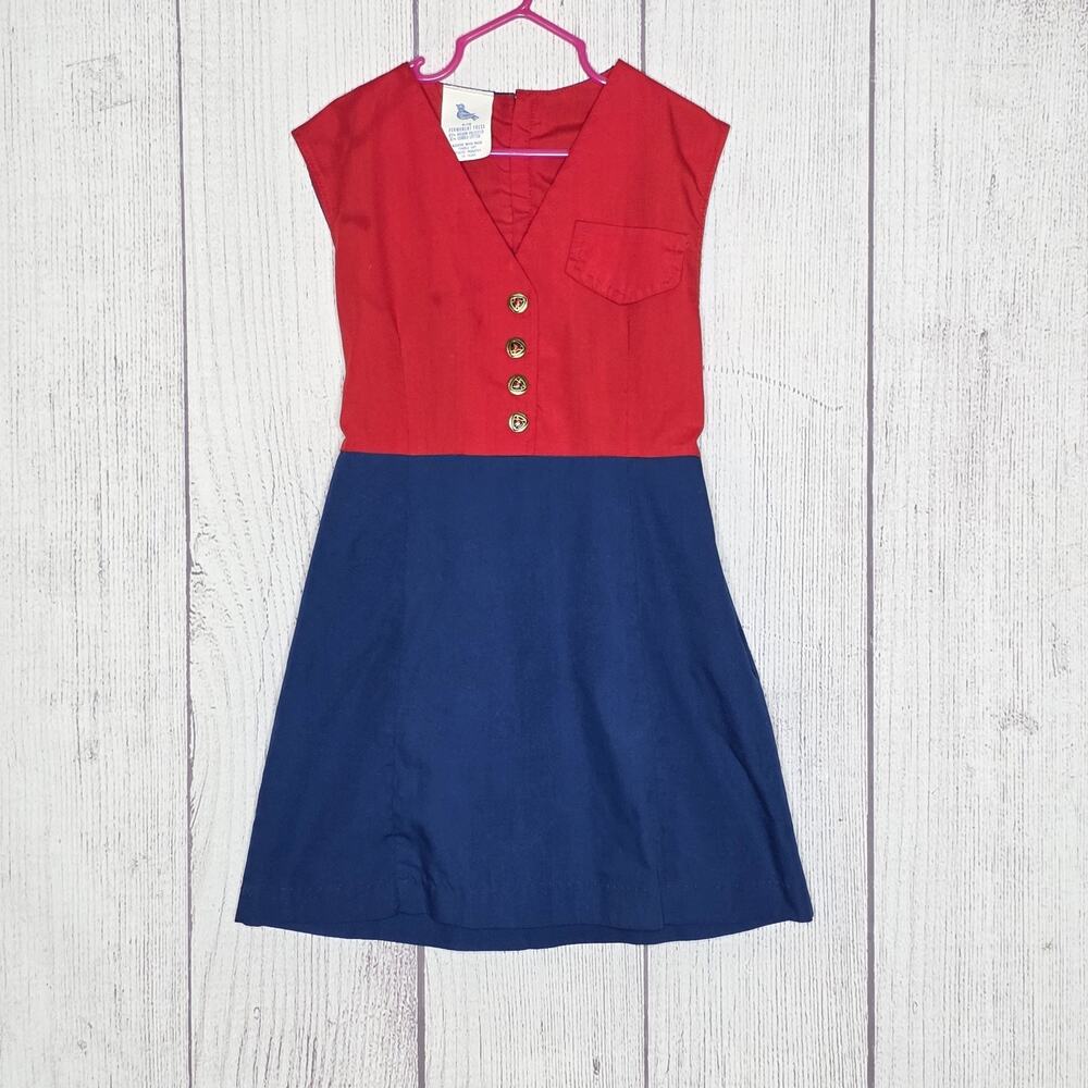 Vintage 70s Red Blue Nautical Sailor Dress Girls Size 5/6